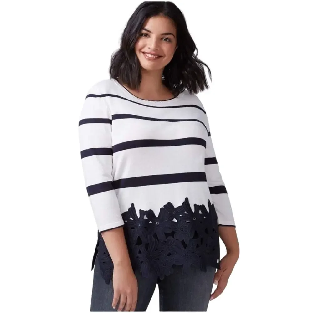 Lane Bryant Floral Applique Lace Hem 3/4 Sleeve Navy Stripe White Sweater 14/16